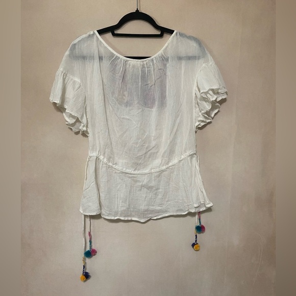 Lovestitch EUC lightweight cotton heavily embroidered bib pom waist tie top M - Picture 3 of 6